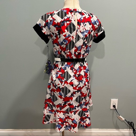 NWT Peter Pilotto Short Sleeved Dress in Red Floral & Check Print with Belt 6 - Picture 5 of 10